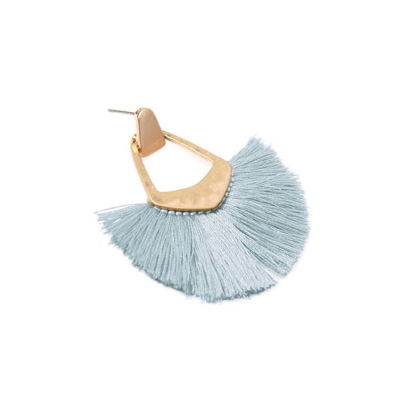 Tassel Fringe Fan Light Blue Gold Statement earrings - Picture 2 of 2